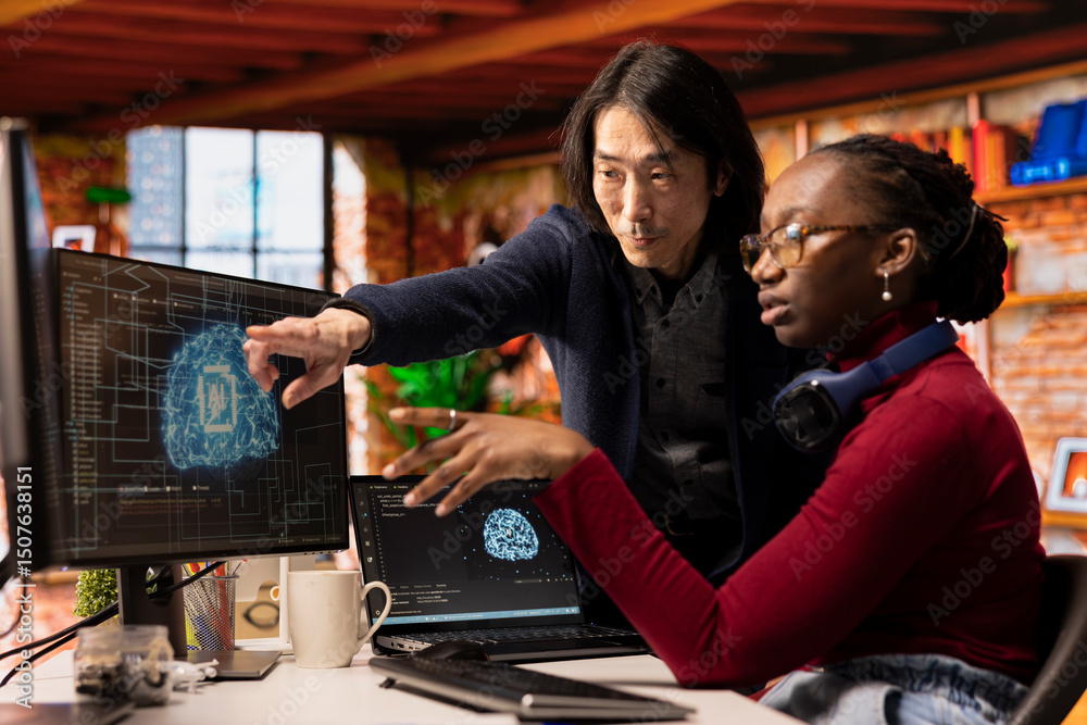 Poster man in ai startup office cto position overseeing software technician implementing machine learning. 