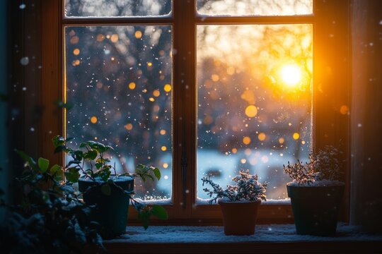 Cozy winter sunset through frosted window with snow falling and indoor plants - Powered by Adobe
