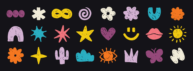 Abstract doodle colorful shapes. Chalk cute various modern kids hand drawn elements set. hearts, clouds, stars, flowers, eye, star stickers