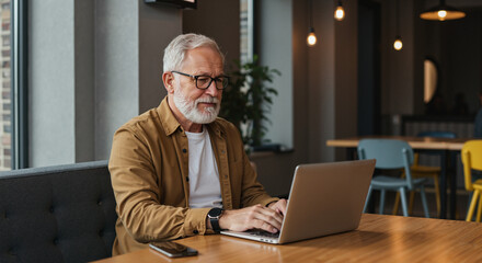 Senior man working on laptop while sitting at a café table concept of active aging and digital inclusion