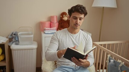 Young man reading a book in a cozy bedroom with a cradle, surrounded by baby items and toys, conveying a warm and nurturing family environment.