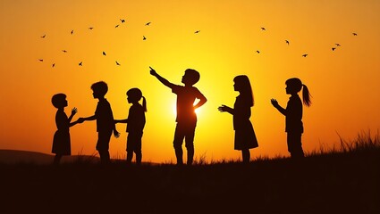 Fototapeta premium Children Silhouettes against Radiant Sunset Celebrating Friendship Together