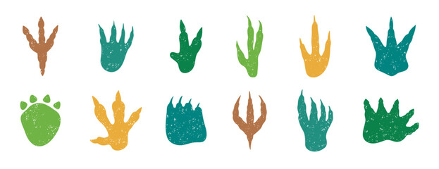 Dinosaur footprint silhouette textured grunge doodle hand drawn icon set. Drawing line clipart symbol collection