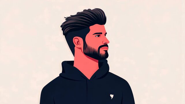 Stylish Man Portrait:  A minimalist illustration of a man with a stylish pompadour hairstyle and a short beard, wearing a dark hoodie.  The color palette is subdued, focusing on dark reds and blacks.