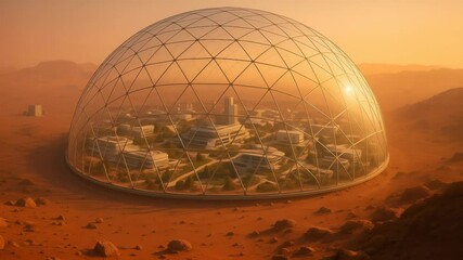 Geodesic dome protecting settlement on Mars. Sustainable urban design with green infrastructure inside protective shell. Sunset illuminates rocky terrain surrounding enclosed community.