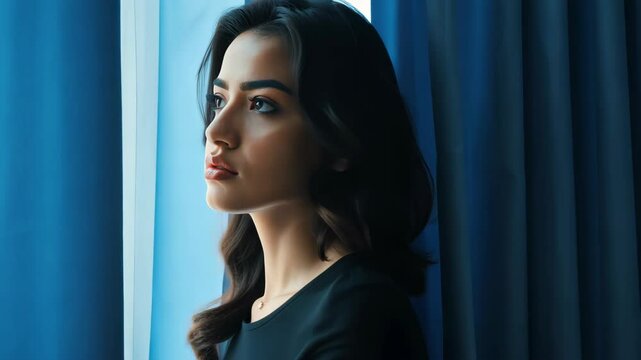 Contemplative Portrait: A woman with dark hair, her gaze reflecting thoughtfulness, stands by a window, enveloped by the soft glow of natural light.
