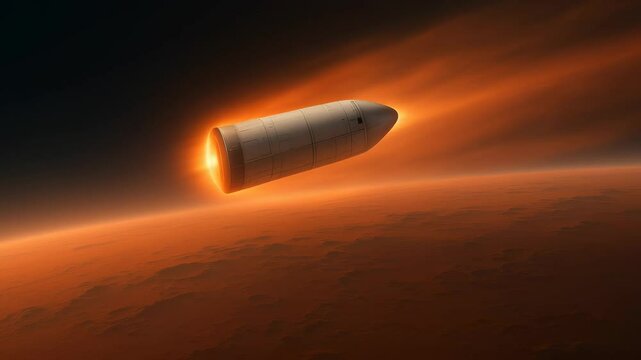 Spacecraft module entering Mars atmosphere with intense thermal glow, revealing rocky orange-red planetary landscape below. Dramatic entry sequence highlighting interplanetary travel challenges.