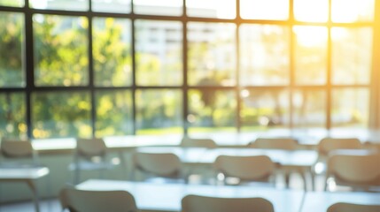Blurred classroom with desks and chairs, bathed in sunlight, creating an open space.