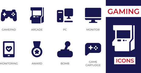 A modern set of minimal vector icons designed for the gaming world. Includes various gaming elements like gamepads, consoles, VR headsets, RPG symbols, trophies, and more.