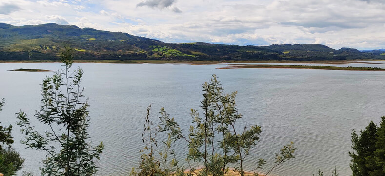 Views of the Tomine reservoir between mountains, in Guatavita, Cundinamarca, Colombia