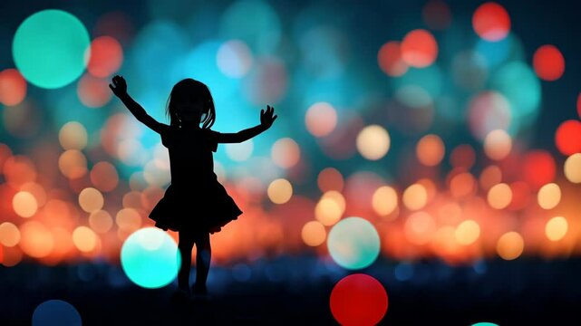Little Girl in Festive Lights: A silhouette of a joyful little girl with arms outstretched against a vibrant backdrop of colorful bokeh lights, evoking feelings of wonder and celebration.