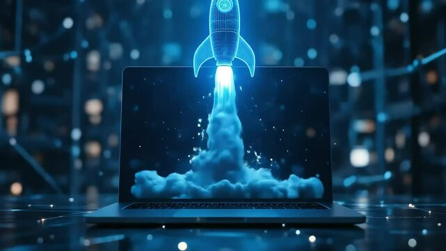 Rocket launching from a laptop screen, symbolizing technology startup, digital innovation and the future of online business and artificial intelligence