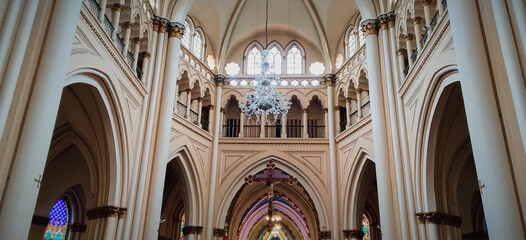 An image of Christ crucified hanging inside the Catholic Basilica of Our Lady of Lourdes in Bogotá