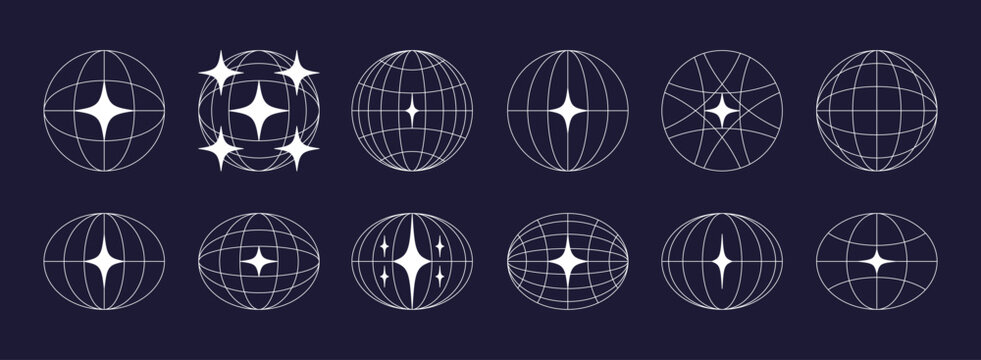 World globe retro grids in oval and round form with stars icons set. earth latitude and longitude line grid. futuristic design elements.