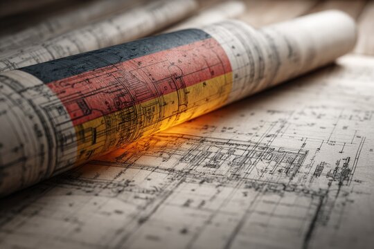 German architecture celebration: blueprint model, design plan, construction sketch, flag emblem, civic homage, structure outline, aesthetic concept, builder tribute, technical drawing