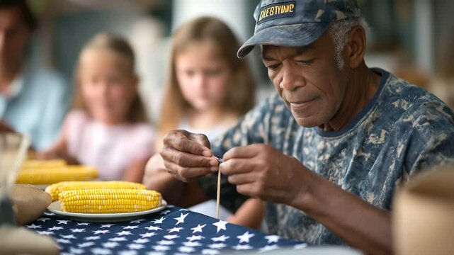 A veteran carefully sews a flag patch at a lively Independence Day picnic.
