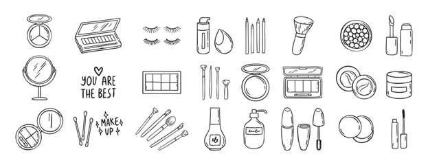 make up beauty doodle hand drawn icon set. Outline drawing cosmetics line clipart symbol