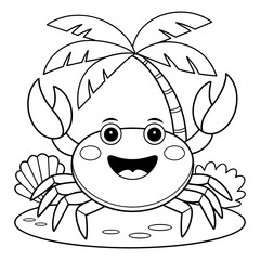 Cute crab under a palm tree, black and white coloring page for kids, perfect for summer and beach-themed activities