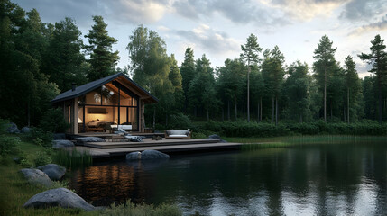 Obraz premium Cozy Cabin on a Wooden Deck by a ACD67