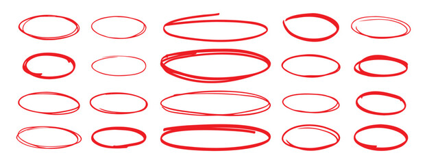 red pen hand drawn doodle marks, red circle and oval stroke set. Outline red drawing line clipart symbol