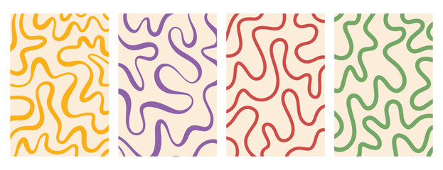 retro vintage background twisted lines, fluid, curved, wiggling stripes and waves set. Colorful funky chaotic Liquid ornaments, groovy hippie pattern set.