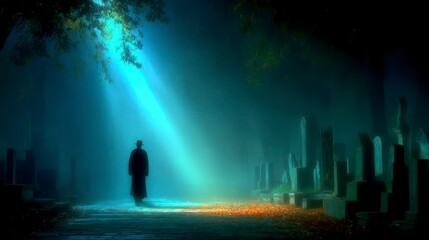 Silhouetted Figure in a Mysterious Foggy Cemetery with Ethereal Light Beams