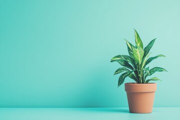 Fototapeta premium Vibrant green houseplant in simple terracotta pot on aqua background