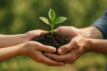 Fototapeta premium Green Investment Growth with Two Sets of Hands Holding a Small Plant Sprouting from Rich Soil Symbolizing Environmental Care