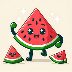 Cute happy cartoon watermelon character slices for educational childish games, books in simple doodle style flat smiling food fruit berry collection dancing 