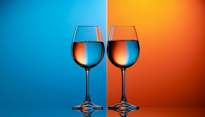 two wineglasses with water over blue and orange background