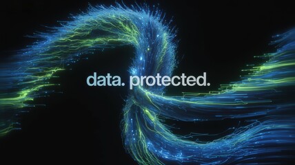 Data protected concept with abstract flowing lines and text on black.