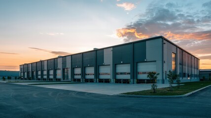 Warehouse building with loading docks at sunset. Logistics and storage.