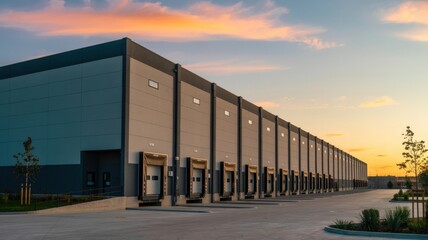 Warehouse exterior with loading docks at sunset. Logistics and delivery.
