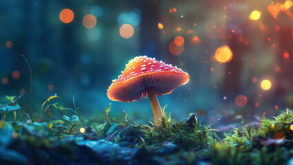 Red mushroom with white spots glowing in dreamy forest with magical lights
