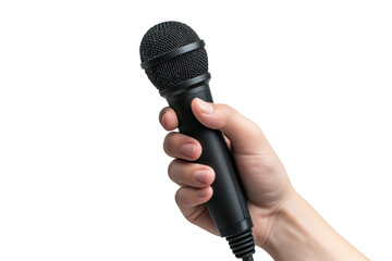A human hand holding a microphone, isolated on a transparent or white background. Perfect for media, music, podcast, or broadcasting design projects.