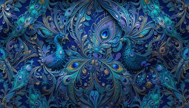Intricate peacock pattern with luxurious detailing and a regal blue hue