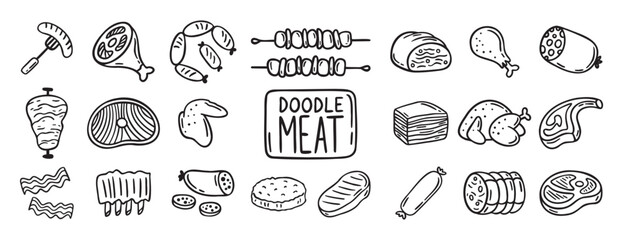 meat, pieces of meat and meat products doodle hand drawn icon set. Outline drawing meat products line clipart symbol collection
