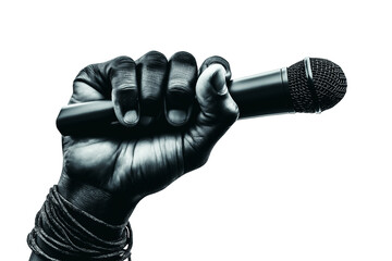 Hand holding a microphone isolated on a transparent or white background. Perfect for music, podcast, voiceover, performance, or broadcast-related visuals.
