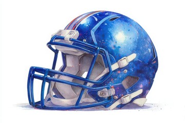 Fototapeta premium An artistic rendering of a football helmet showcases a vibrant blue color with a galaxy pattern. The design includes stars and cosmic elements, highlighting creativity in sports gear.