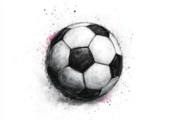 A black and white soccer ball is depicted with a creative design featuring splashes of color, suggesting energy and movement. The artwork captures the essence of the sport and creativity.