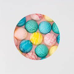 Summer composition with colorful ice cream scoops presented through a paper cutout. Minimal ice cream concept. Trendy sweet food layout. Ice cream aesthetic. Flat lay style. Top view banner.