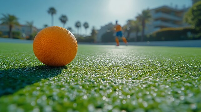 Orange hockey ball on field