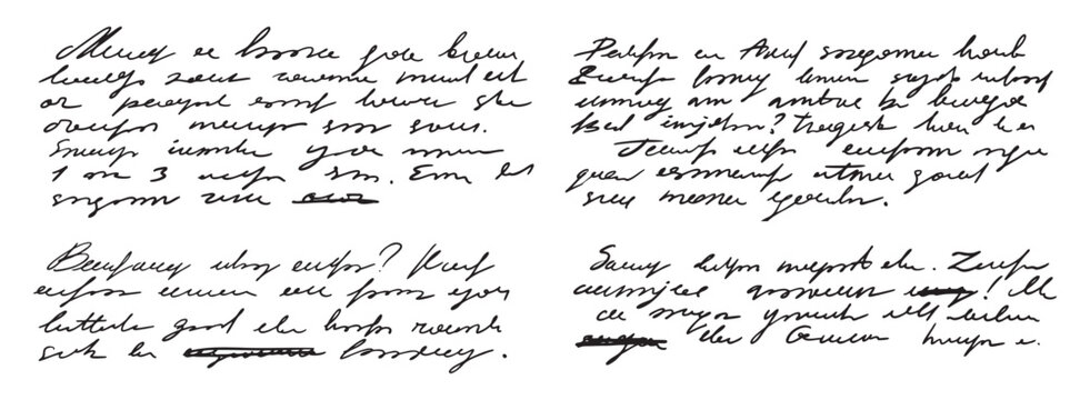 unreadable handwriting template, paragraphs and sentences. Doodle hand drawn of unreadable text on a white background.