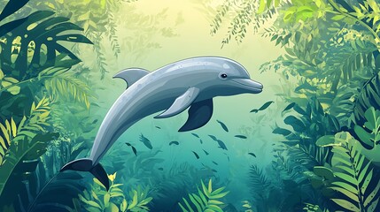 Obraz premium A dolphin leaps through a lush underwater jungle.