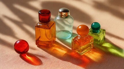 Una composición artística de frascos de perfume y canicas, bañados en luz y sombras.