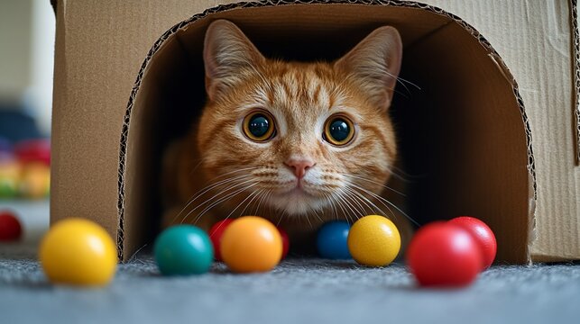 Orange tabby cat in cardboard house with colorful balls