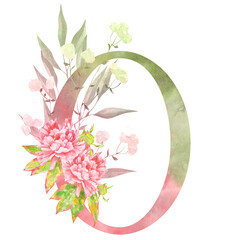  Elegant watercolor number 0 decorated with pink flowers and greenery. Perfect for nursery art, wedding decor, invitations, and feminine designs. Soft pastel aesthetic on white background.