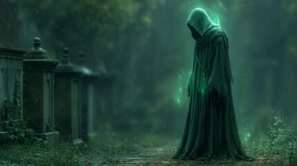 Mysterious Cloaked Figure in a Foggy Rainy Setting with an Eerie Atmosphere for Fantasy Horro
