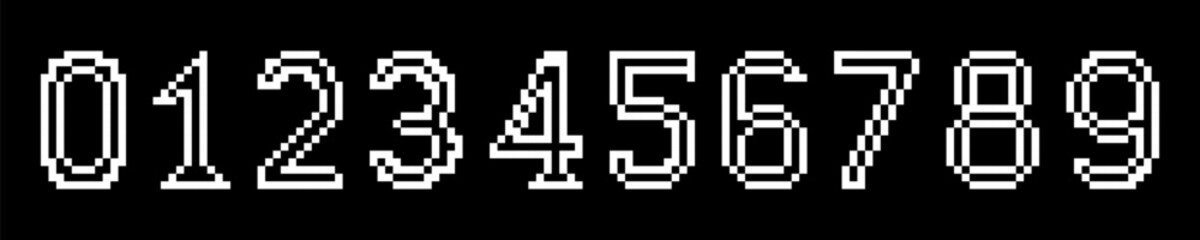 Set of pixelated numbers 0 through 9 displayed in a retro digital style with white outlines on a black background