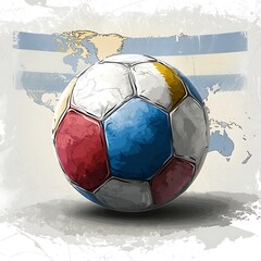 Detailed illustration of a weathered soccer ball with a world map background.